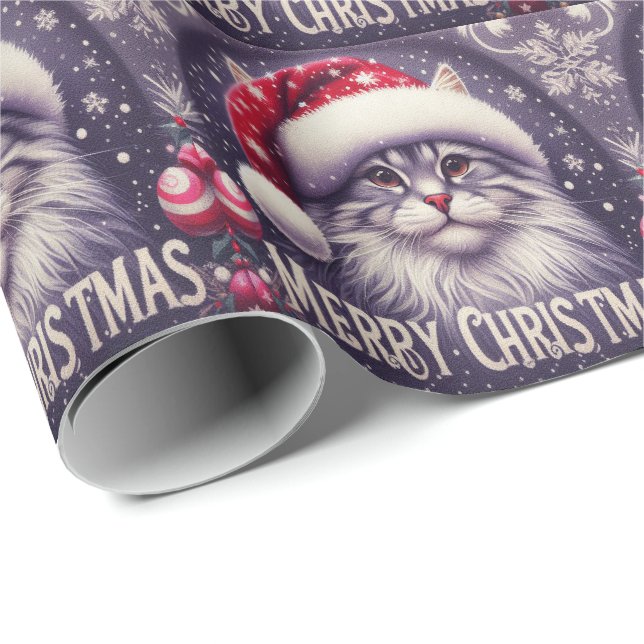 Papel De Presente Feliz Natal Siberiano Gato, Papais noeis Xmas Kitt (Ponta do rolo)