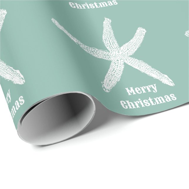 Papel De Presente Feliz Natal Starfish Green Beach Trendy Personaliz (Ponta do rolo)