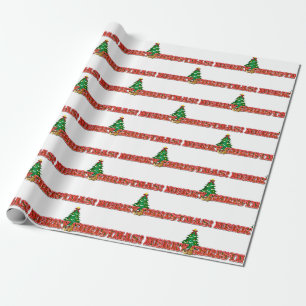 Papel De Presente Feliz Natal Texto e Árvore Feriado Moderno