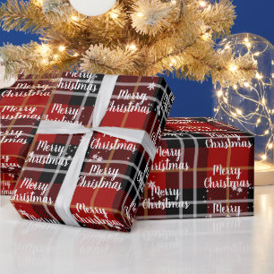 Papel De Presente Feliz Natal Texto Em Flocos De Neve Em Tartan