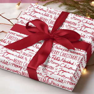 Papel De Presente Feliz Natal Tipografia Vermelha Multilíngue