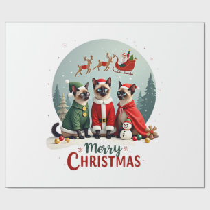 Papel De Presente Feliz Natal Três Santa Elfo Rena Siamês C
