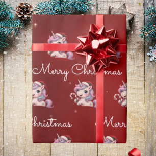 Papel De Presente Feliz Natal Unicórnio Mágico de Natal Carmesim
