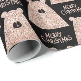 Papel De Presente Feliz Natal Urso Negro Rosa Rosa Dourada Brilhante
