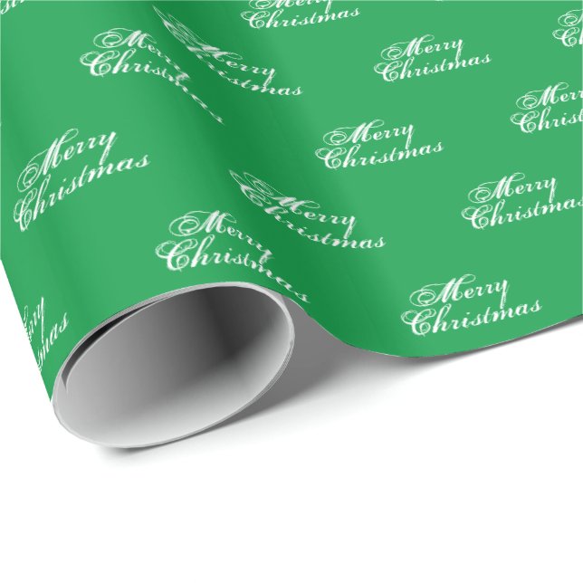 Papel De Presente Feliz Natal verde branco caligrafia script (Ponta do rolo)
