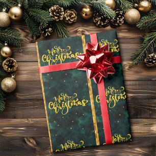 Papel De Presente Feliz Natal Verde e Dourado em Letra Elegante