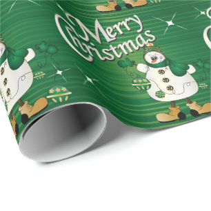 Papel De Presente Feliz Natal Verde Snowman