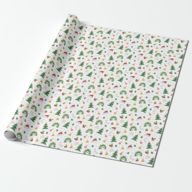 Papel De Presente Feliz Natal Verde Vermelho Branco (Desenrolado)