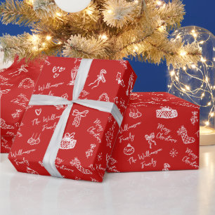 Papel De Presente Feliz Natal Vermelho Desenho à Mão Nome Personaliz