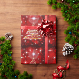 Papel De Presente Feliz Natal Vermelho e Dourada Árvore de Natal