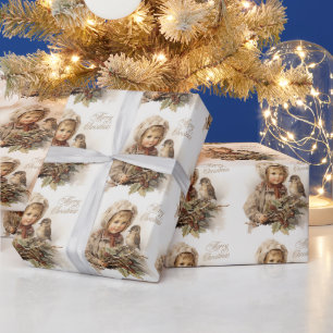 Papel De Presente Feliz Natal Vintage Child com Bird