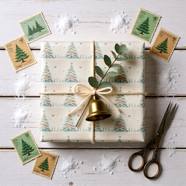 Papel De Presente Feliz Natal Vintage Pálido (Vintage Pastel Christmas Tree Winter Wonderland Wrapping Paper)