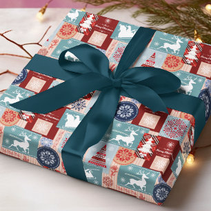 Papel De Presente Feliz Natal Xadrez Azul Vermelho Remendado