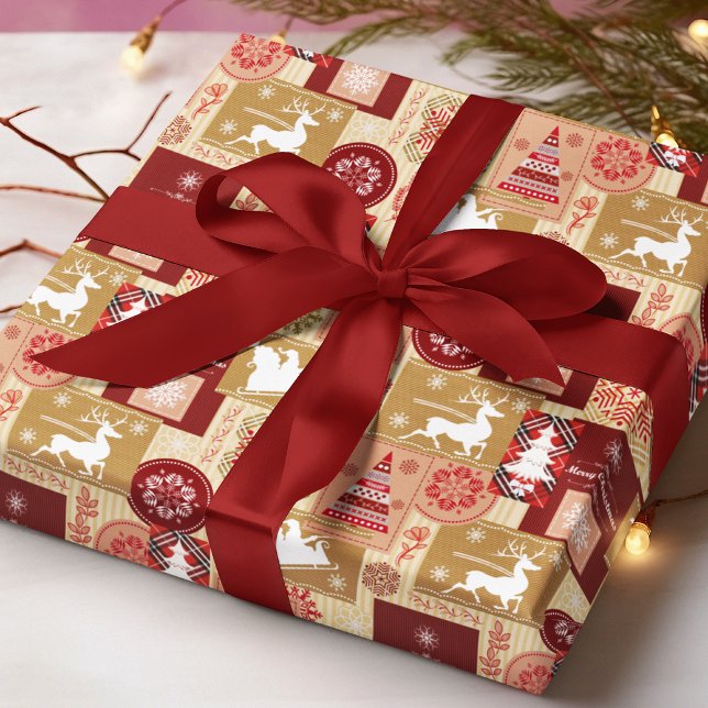 Papel De Presente Feliz Natal Xadrez Vermelho Dourado Patchwork (Criador carregado)