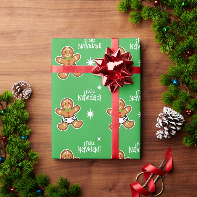 Papel De Presente Feliz Navidad! Bebê Gingerpão em verde editável (Presente de Natal)