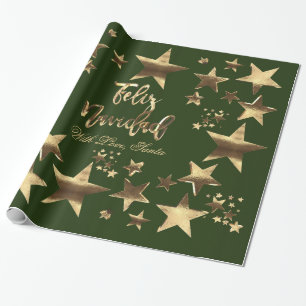 Papel De Presente Feliz Navidad Estars Verde Dourado Natal