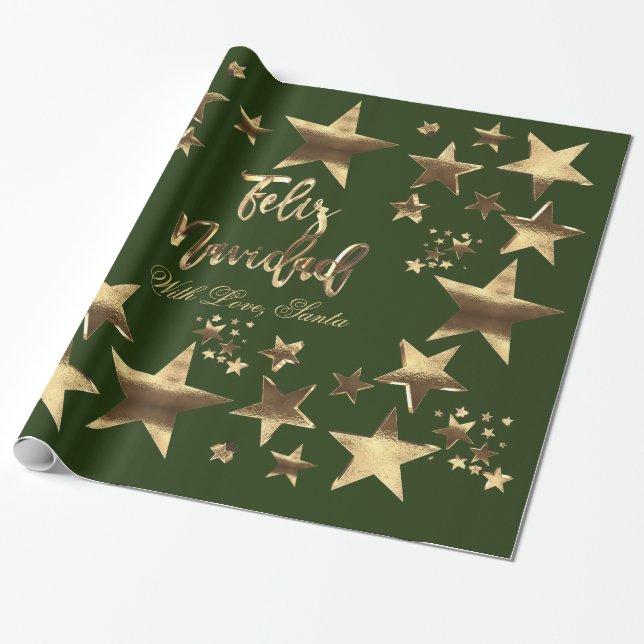 Papel De Presente Feliz Navidad Estars Verde Dourado Natal (Desenrolado)