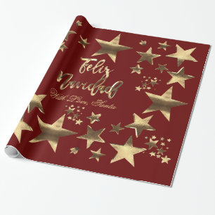 Papel De Presente Feliz Navidad Estars Vermelho Dourado Natal