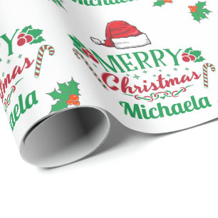 Papel De Presente Feliz nome de Natal com Santa Hat Candy Canes Holl
