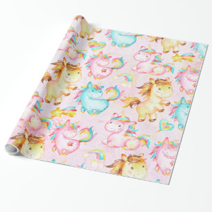 Papel De Presente Feliz Padrão-Unicórnio Amor a Rosa