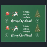 Papel De Presente Feliz Papai noel de Natal Sleigh Unicorn Personali<br><div class="desc">Um presente de Natal moderno e bonito com as palavras "Feliz Natal" na tipografia da na moda, uma dedicação personalizada que agora lê "A Amber / com amor / de Papais noeis", flocos de neve, uma ilustração de um unicórnio (com um homem e uma cauda com brilho vermelho e ouro)...</div>