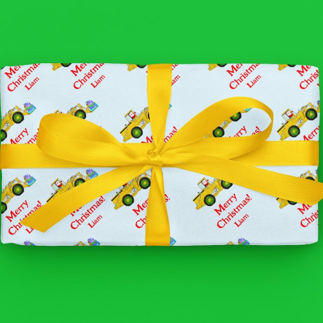 Papel De Presente Feliz Papais noeis De Natal Em Bulldozer Oferecend (Bulldozer Santa brings gifts! Wrap presents, spark child's joy with personalized cheer.)