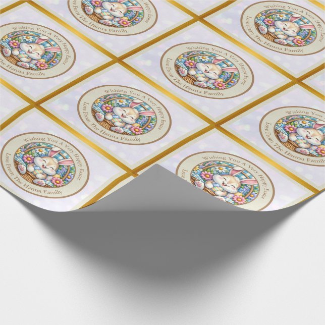Papel De Presente Feliz Páscoa Com Coelhinho Fofo, Ovos e Floral (Ponta)