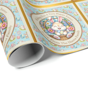 Papel De Presente Feliz Páscoa Com Coelhinho Fofo, Ovos e Floral