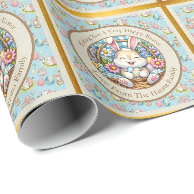 Papel De Presente Feliz Páscoa Com Coelhinho Fofo, Ovos e Floral (Ponta do rolo)