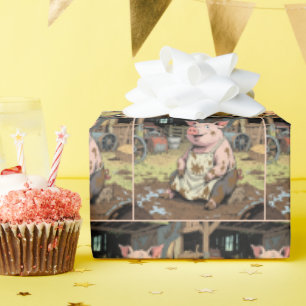 Papel De Presente Feliz Porco de Cartoon em uma Fazenda