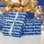 Papel De Presente Feliz presente de tipografia moderna azul Hanukkah<br><div class="desc">Feliz papel de enrolar do padrão de tipografia moderna azul e branca Hanukkah. Padrão de texto branco sobre fundo azul.</div>