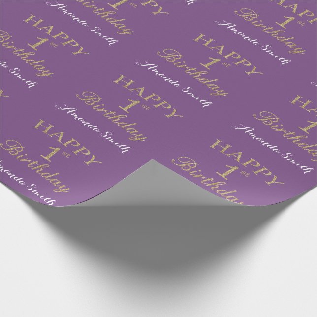 Papel De Presente Feliz primeiro aniversario Dourado brilho e roxo (Ponta)