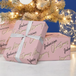 Papel De Presente Feliz Rosa de Natal - Nome de Script Dourado Blush