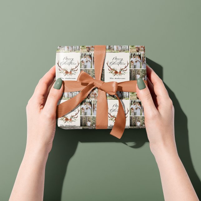 Papel De Presente feliz script de natal rustic antler foto (Criador carregado)