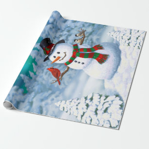 Papel De Presente Feliz Snowman e Pássaros de inverno