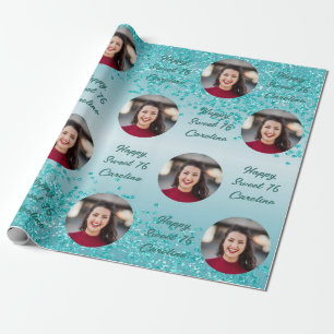 Papel De Presente Feliz Sweet 16 Brilho Azul Turquesa Caindo & Foto