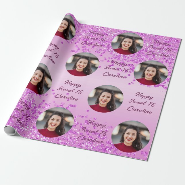 Papel De Presente Feliz Sweet 16 Queda de Glitter Rosa & Foto (Desenrolado)