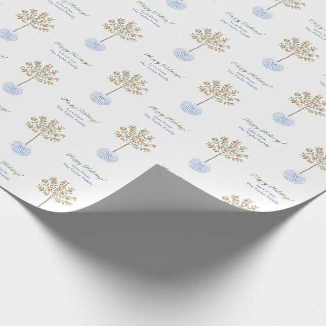 Papel De Presente Felizes Feriados Aquarelas Citrus Tree Chinoiserie (Ponta)