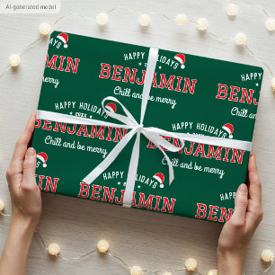 Papel De Presente Felizes Férias Nome Natal Papai Noel Verde Vermelh
