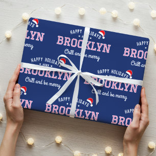 Papel De Presente Felizes Férias Nome Natal Santa Hat Marinho Rosa