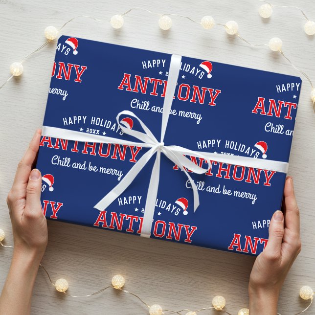 Papel De Presente Felizes Férias Nome Natal Santa Hat Marinho Vermel (Criador carregado)