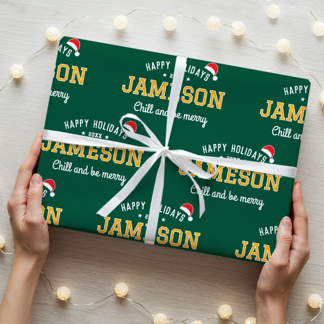 Papel De Presente Felizes Férias Nome Natal Santa Hat Verde Dourado (Criador carregado)