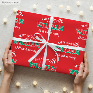 Papel De Presente Felizes Férias Nome Natal Santa Hat Vermelho Verde