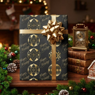 Papel De Presente Felizes Festas Bolha Preta e Dourada