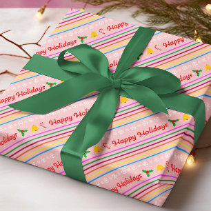 Papel De Presente Felizes Festas Pink Holly Candy Cane Natal