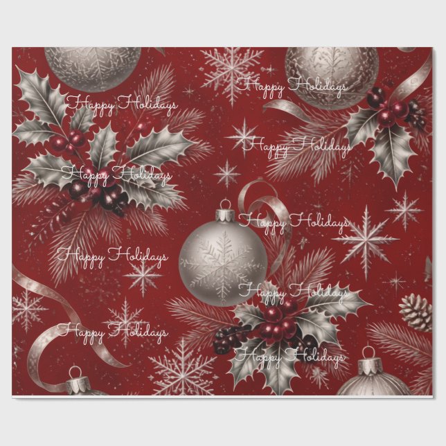 Papel De Presente Felizes Festas Xadrez Vermelho Prata Natal  (Aberto)