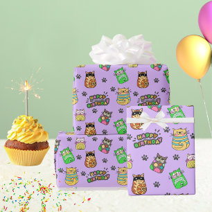 Papel De Presente Felizes Gatos de Aniversário Divertidos e Colorido