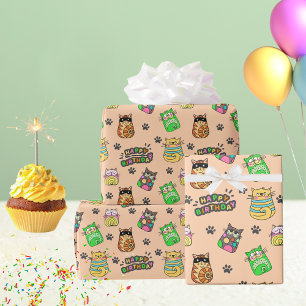 Papel De Presente Felizes Gatos de Aniversário Divertidos e Colorido