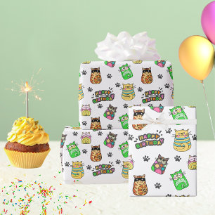 Papel De Presente Felizes Gatos de Aniversário Divertidos e Colorido