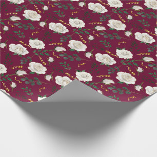 Papel De Presente Feriado Botânico Vermelho Rosas de Vintagem Branc